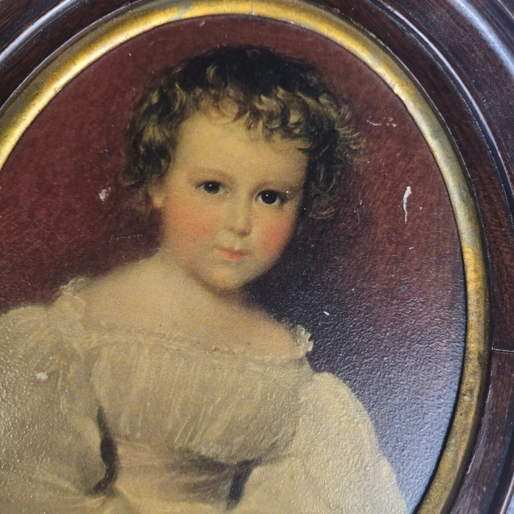 Pair Of Antique Mother And Child Oval Portraits Wooden Frame 19th‎ Century